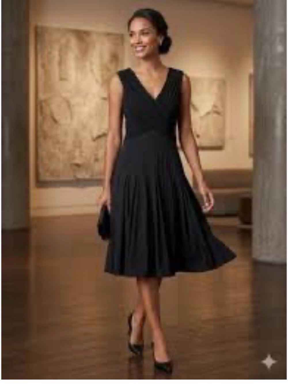 Adrianna Papell Elegant Black Wide V-Neck Midi Dress fitted bodice Full skirt